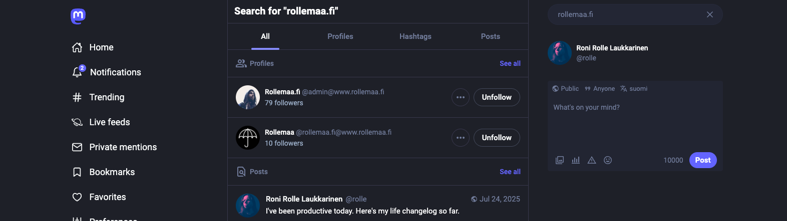 Kuvankaappaus Mastodonista, haussa "rollemaa.fi".