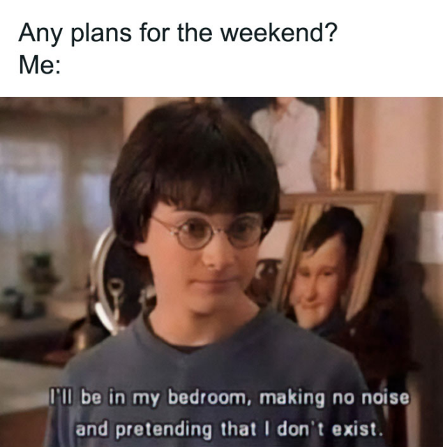 Meemikuva, jossa Harry Potter:
Any plans for the weekend?
Me:
I'll be in my bedroom, making no noise and pretending that I don't exist.