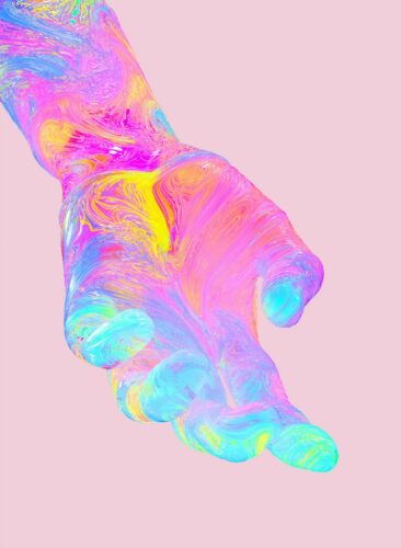 a pink and blue painting of a person's hand