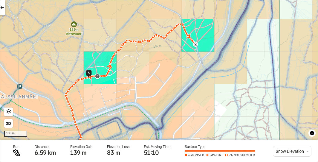Squadrats Route Planner -kuvankaappaus