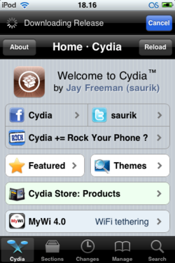 Kuvankaappaus iPod Touchin Cydia-ohjelmasta
