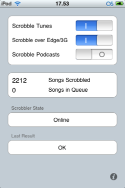 Kuvankaappaus iPod Touchin Scrobbl-ohjelmasta